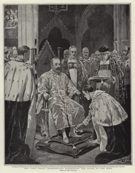 Der Lord Great Chamberlain überreicht dem König die Sporen